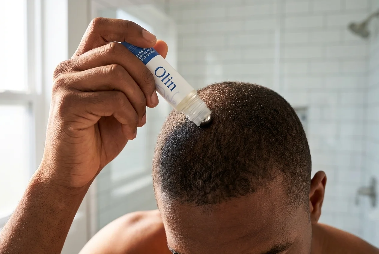 Close-up of Black man applying OLIN roll-on to crown