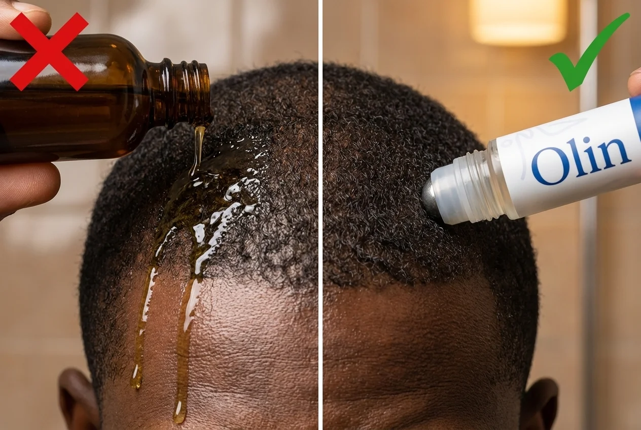 Oil dripping on hair vs OLIN roll-on reaching scalp