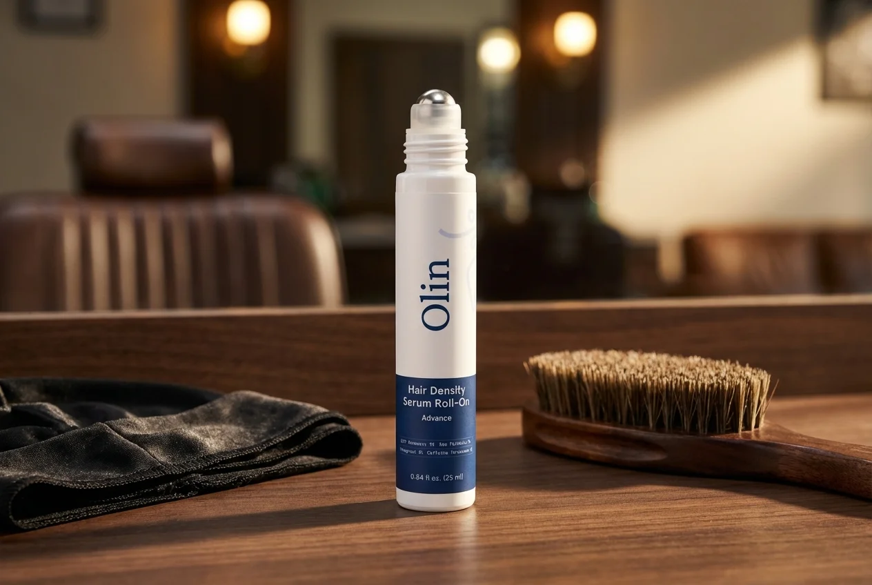 OLIN roll-on bottle next to durag and wave brush on barbershop counter